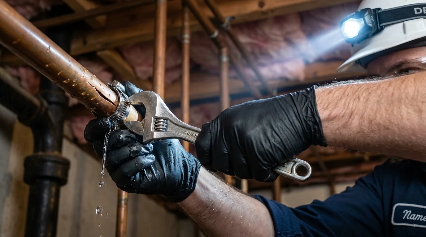 Emergency pipe clamp repair being performed by a Johns Plumbing LLC plumber in West Liberty