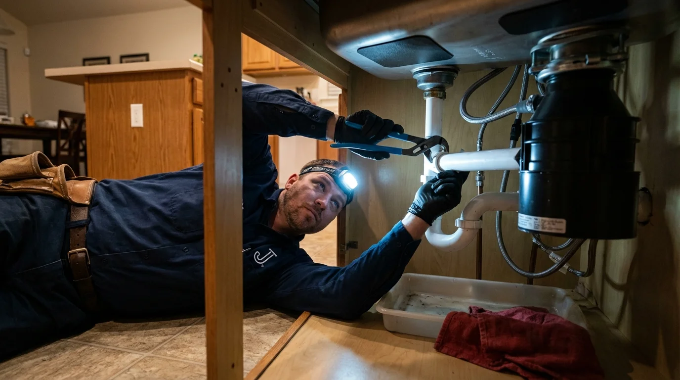 P-trap and supply line connections under a kitchen sink showing a common leak point in West Liberty, KY